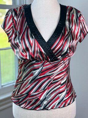 Y2K Vintage La Belle Silky Abstract Stripes Top Large Red Black Office Siren